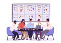 Group of people or office workers sitting around table and discussing work issues against SCRUM task board with sticky Royalty Free Stock Photo