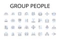 Group people line icons collection. Bunch crowd, Assembly congregation, Gathering party, Team squad, Pair couple, Duo