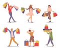 A group of people with packages with purchases in their hands. Customers buy gifts for the holidays