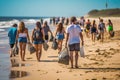 Group Of People Participating In Beach Cleanup. Generative AI Royalty Free Stock Photo