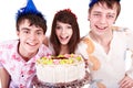 Group people in party hat with cake. Royalty Free Stock Photo