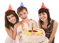 Group people in party hat with cake. Royalty Free Stock Photo