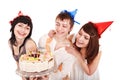 Group of people in party hat with cake. Royalty Free Stock Photo