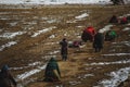 Group of people paying homage to Mount Kailash and snow on the land in Taqin County, Tibet, China