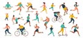 Group of people performing sports activities at park doing yoga and gymnastics exercises, jogging, riding bicycles, playing ball Royalty Free Stock Photo