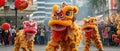 A Group Of People Performing A Traditional Lion Dance With The Phrase Lions Roar Of Prosperity