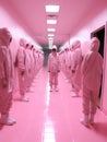 A group of people in pink suits standing in a hallway, AI Royalty Free Stock Photo