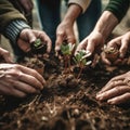 Group of people planting a tree in the dirt