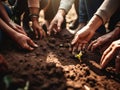 Group of people planting a tree in the dirt