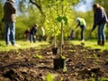 Group of people planting trees in a park