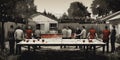 A group of people playing beer pong at a backyard barbecu created with generative AI Royalty Free Stock Photo