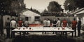 A group of people playing beer pong at a backyard barbecu generative AI Royalty Free Stock Photo