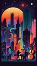 A group of people playing instruments in a city at night. Generative AI image. Royalty Free Stock Photo