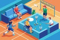 Group of people playing an intense game of tennis at the park on a sunny day, Paralympic badminton Customizable Isometric