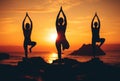 group of people practicing yoga and meditation at sunset on sunny beach, silhouette of women, generative AI Royalty Free Stock Photo