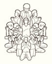 Group of people pray to God , Prayer, Praise to the Lord , Double exposure cartoon