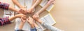 Group of people praying together while holding hand. Top view. Burgeoning. Royalty Free Stock Photo