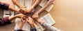 Group of people praying together while holding hand. Top view. Burgeoning. Royalty Free Stock Photo