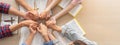 Group of people praying together while holding hand. Top view. Burgeoning. Royalty Free Stock Photo