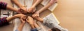 Group of people praying together while holding hand. Top view. Burgeoning. Royalty Free Stock Photo