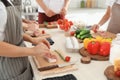 Group of people preparing meat at cooking classes Royalty Free Stock Photo