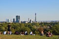 Group of people on Primrose Hill with London city skyline