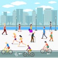Group of people promenade on city river street. Flat illustration Royalty Free Stock Photo