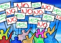 A group of people protesting writing `yes and no` on their billboards - concept illustration