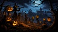 group of people with pumpkins and scarecrows, in the style of flowing silhouettes, comic