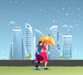 Group people in rain. The couple together man and woman with umbrella running in autumn rainy weather rushing home through the Royalty Free Stock Photo