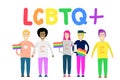 A group of people with rainbow flags and symbols. Celebrating gay people rights. Same-sex love. LGBT. LGBTQ. Vector illustration