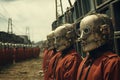a group of people in red suits and iron art helmets stand in a line on a post-apocalyptic landscape, an industrial concept