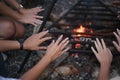 Group of people relaxing and enjoying summer evening around campfire.