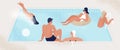 Group of people resting together at open-air swimming pool party vector flat illustration. Joyful friends enjoy outdoors Royalty Free Stock Photo