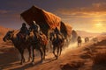 A group of people ride on the backs of horses in a picturesque outdoor setting, Medieval trading caravan crossing the desert, AI Royalty Free Stock Photo
