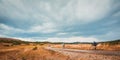 Group of people riding on bicycles. Long road, stormy nature landscape. Active lifestyle and sport concept, copy space