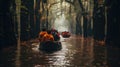 A group of people riding in a canoe down a river, AI