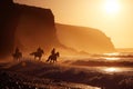 Group of people riding horses in beautiful Irish landscape on dramatic sunset. Tourists admiring scenic view while on horseback