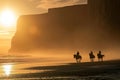 Group of people riding horses in beautiful Irish landscape on dramatic sunset. Tourists admiring scenic view while on horseback