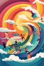 A group of people riding surfboards on top of a wave. Generative AI image.