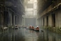 Group of people rowing boat in the river,3d rendering, Rowers grow out of concrete in a lost city, AI Generated