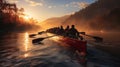 Group of people rowing boat team on a lake in the early morning Royalty Free Stock Photo