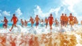 A group of people running on the beach with water in front, AI Royalty Free Stock Photo