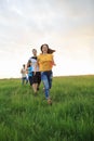 Group of people running in the grass, Royalty Free Stock Photo