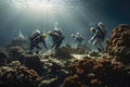 A group of people in scuba suits exploring the underwater world while diving in the ocean, Team of marine scientists conducting a