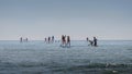 Group of people in sea train Stand Up Paddling. Outdoor sporting activity. Summer Landscape