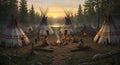 A group of people are seated around a campfire in a forest setting during sunset. Royalty Free Stock Photo