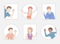 Group of people showing thumbs up, ok sign, waving hello. Friends, company staff, colleagues, business people characters Royalty Free Stock Photo