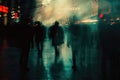 A group of people, shrouded in darkness, walk down a dimly lit street, their figures casting long shadows on the Royalty Free Stock Photo