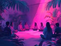 A group of people sit in a circle surrounded by plants, bathed in a pink and purple light Royalty Free Stock Photo